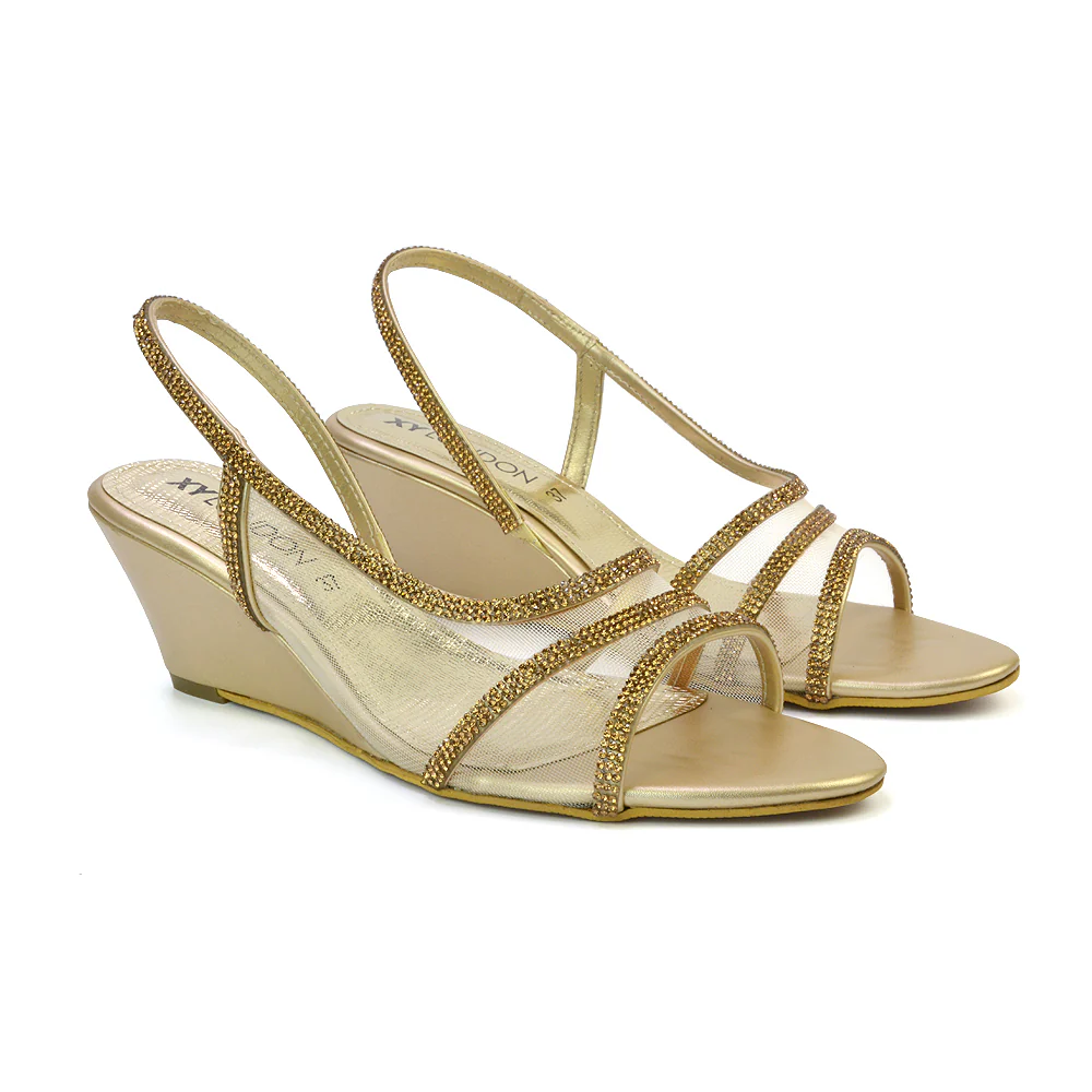 Indy Strappy Diamante Sandal Wedge Heels with Mesh in Gold - Image 59
