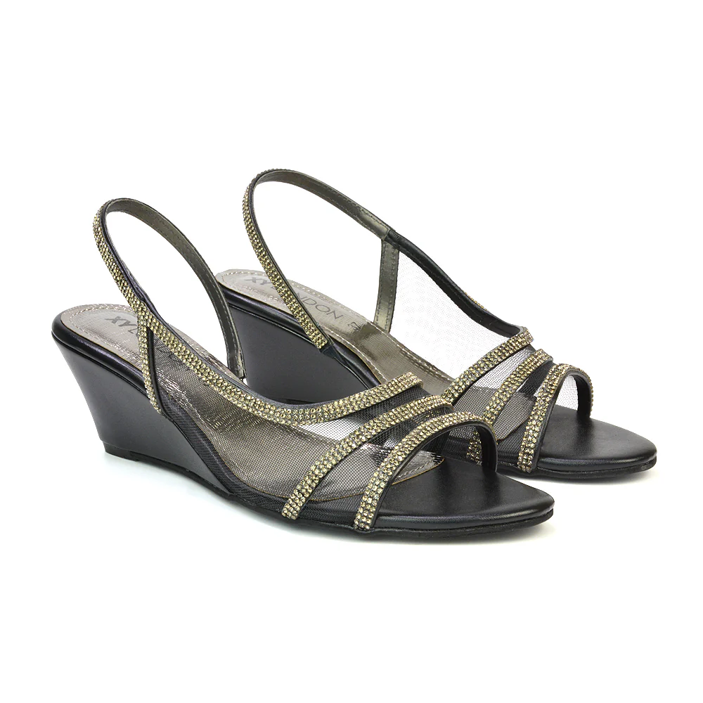 Indy Strappy Diamante Sandal Wedge Heels with Mesh in Gold - Image 69