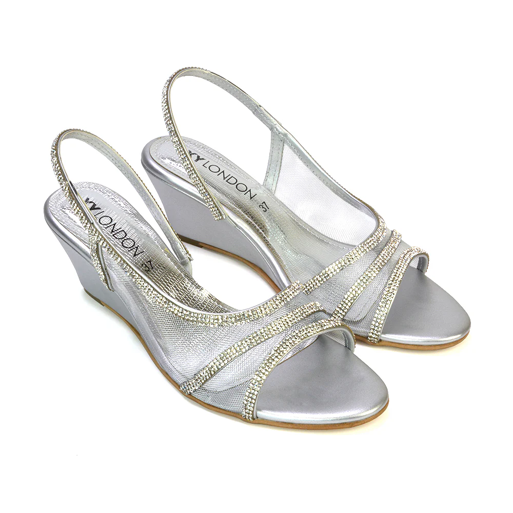 Indy Strappy Diamante Sandal Wedge Heels with Mesh in Silver - Image 10