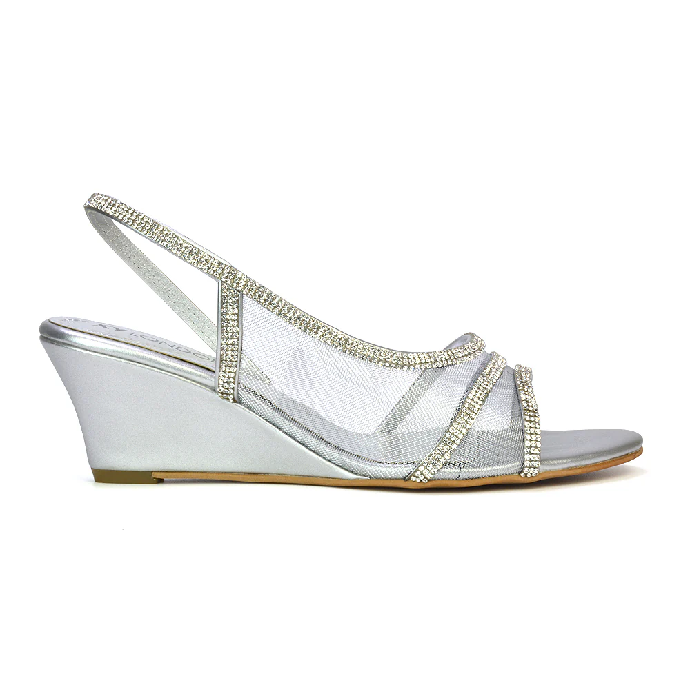 Indy Strappy Diamante Sandal Wedge Heels with Mesh in Silver - Image 28