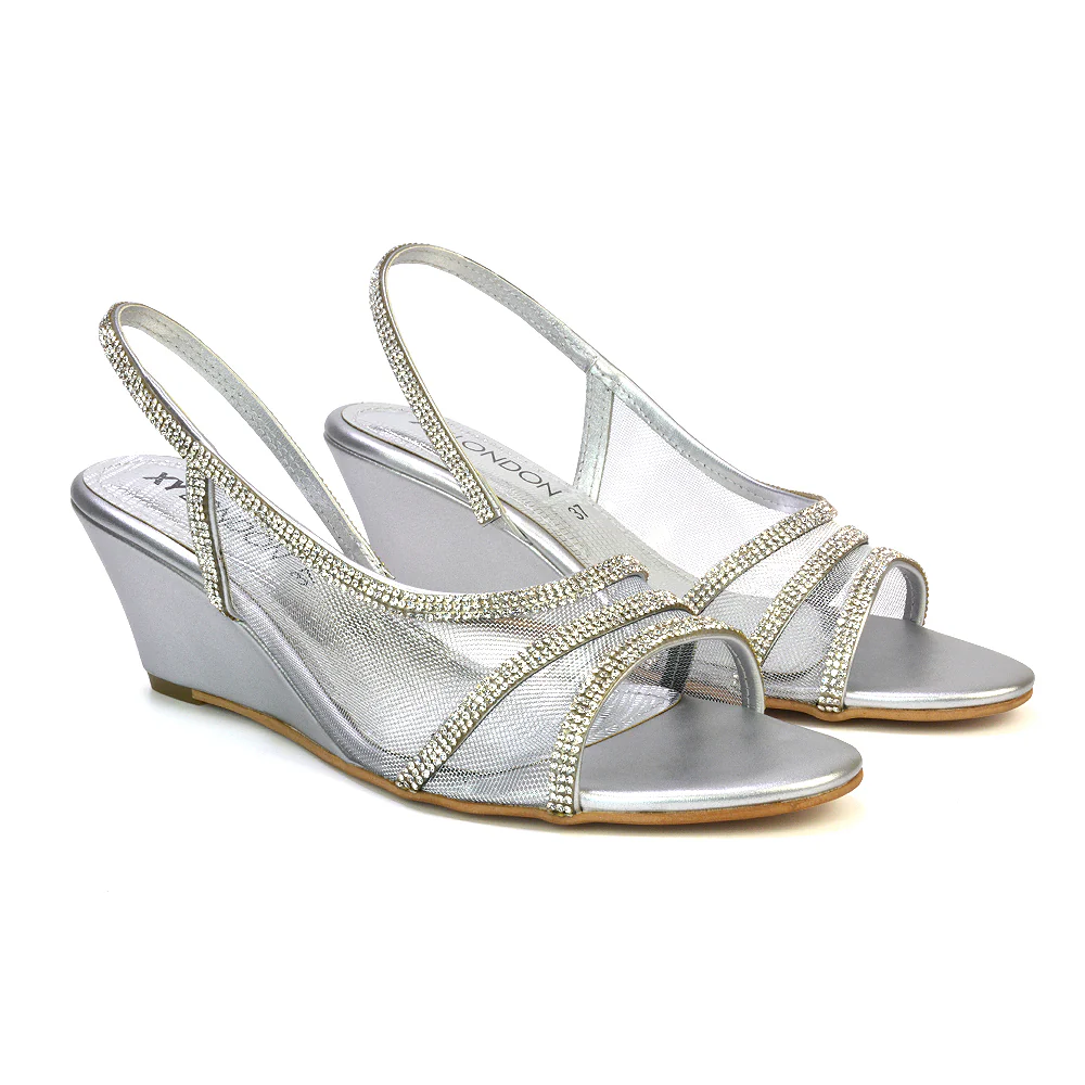 Indy Strappy Diamante Sandal Wedge Heels with Mesh in Silver - Image 29