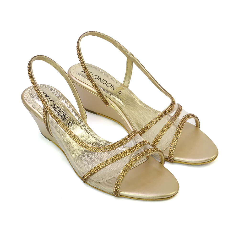 Indy Strappy Diamante Sandal Wedge Heels with Mesh in Silver - Image 60