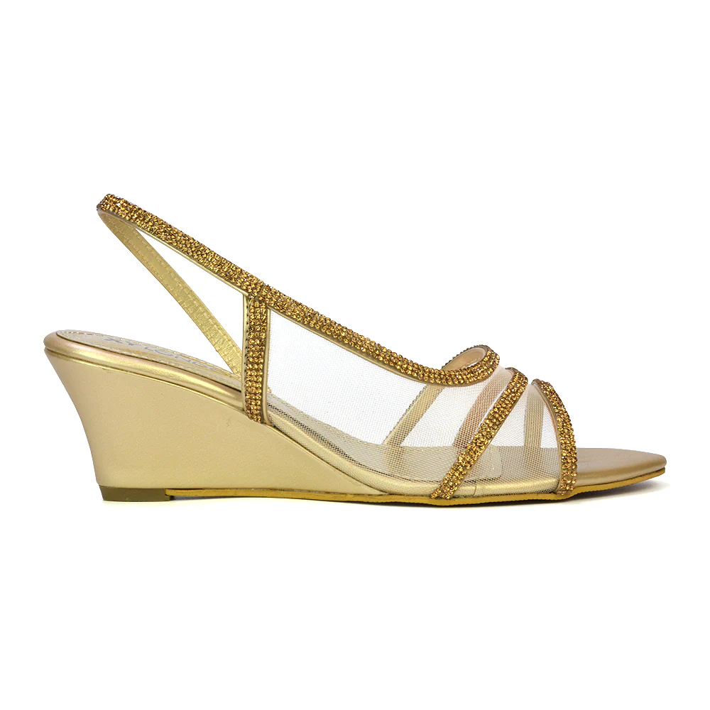Indy Strappy Diamante Sandal Wedge Heels with Mesh in Silver - Image 63