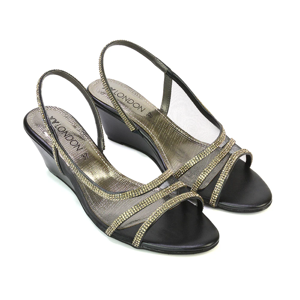 Indy Strappy Diamante Sandal Wedge Heels with Mesh in Silver - Image 70