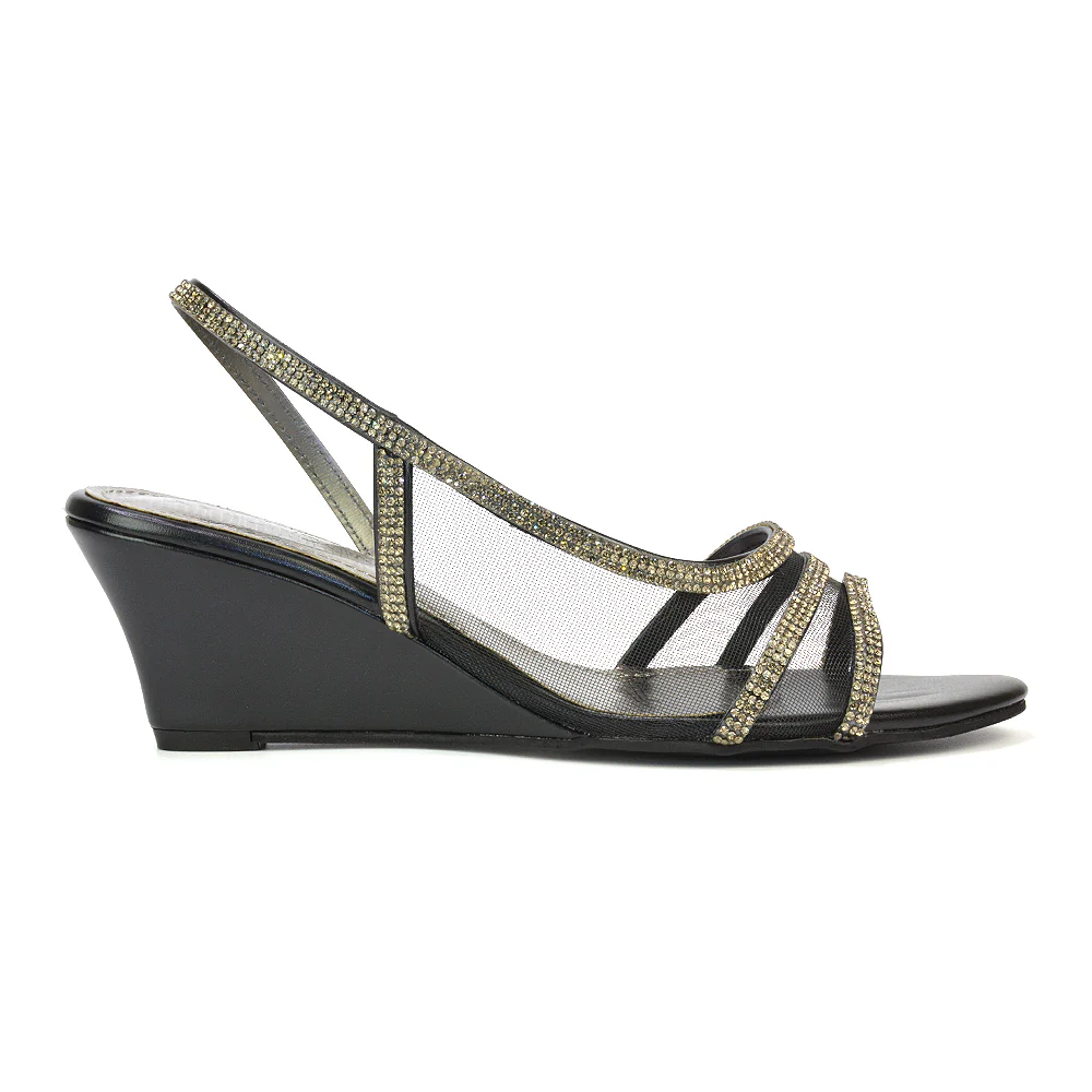 Indy Strappy Diamante Sandal Wedge Heels with Mesh in Silver - Image 78