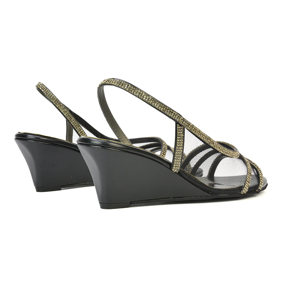 Indy Strappy Diamante Sandal Wedge Heels with Mesh in Silver - Image 82
