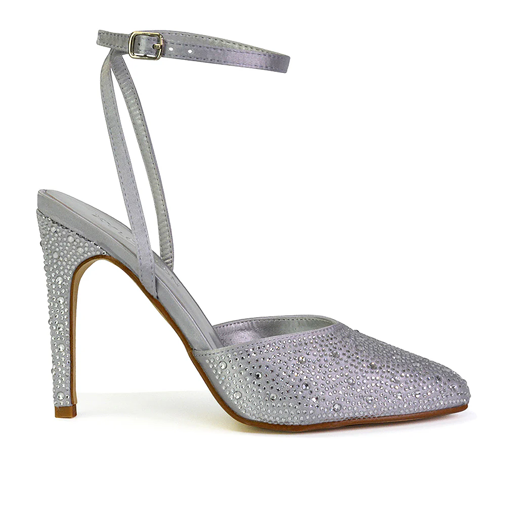 Indyah Diamante Court Shoes Stiletto High Heels Strappy Sandals in Silver - Image 123
