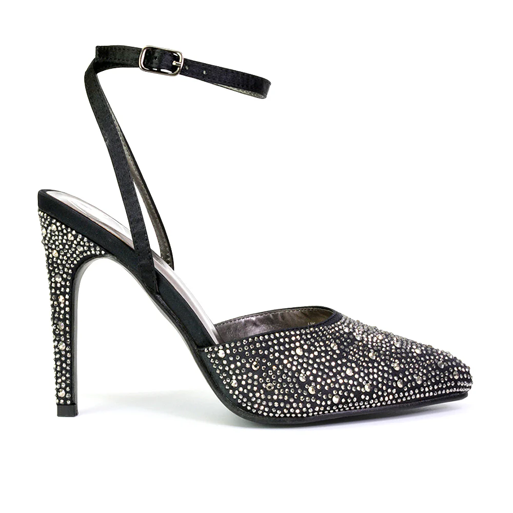 Indyah Diamante Court Shoes Stiletto High Heels Strappy Sandals in Silver - Image 128