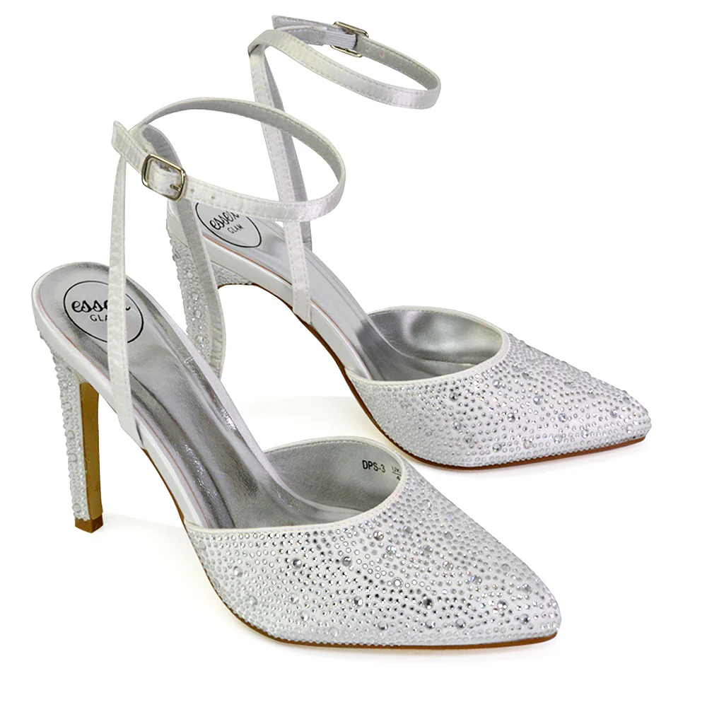 Indyah Diamante Court Shoes Stiletto High Heels Strappy Sandals in Silver - Image 36