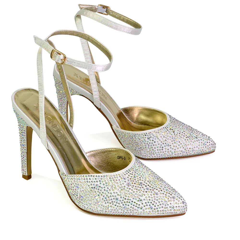 Indyah Diamante Court Shoes Stiletto High Heels Strappy Sandals in Silver - Image 81