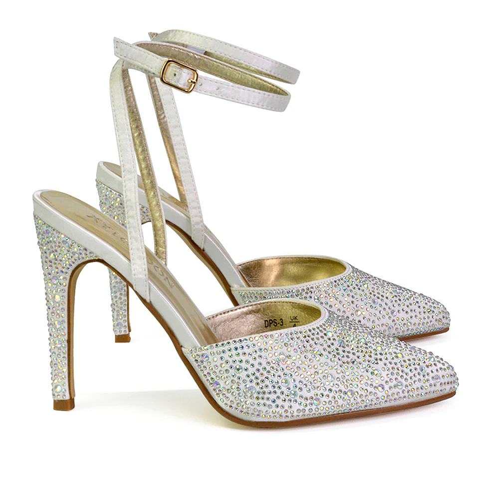 Indyah Diamante Court Shoes Stiletto High Heels Strappy Sandals in Silver - Image 94