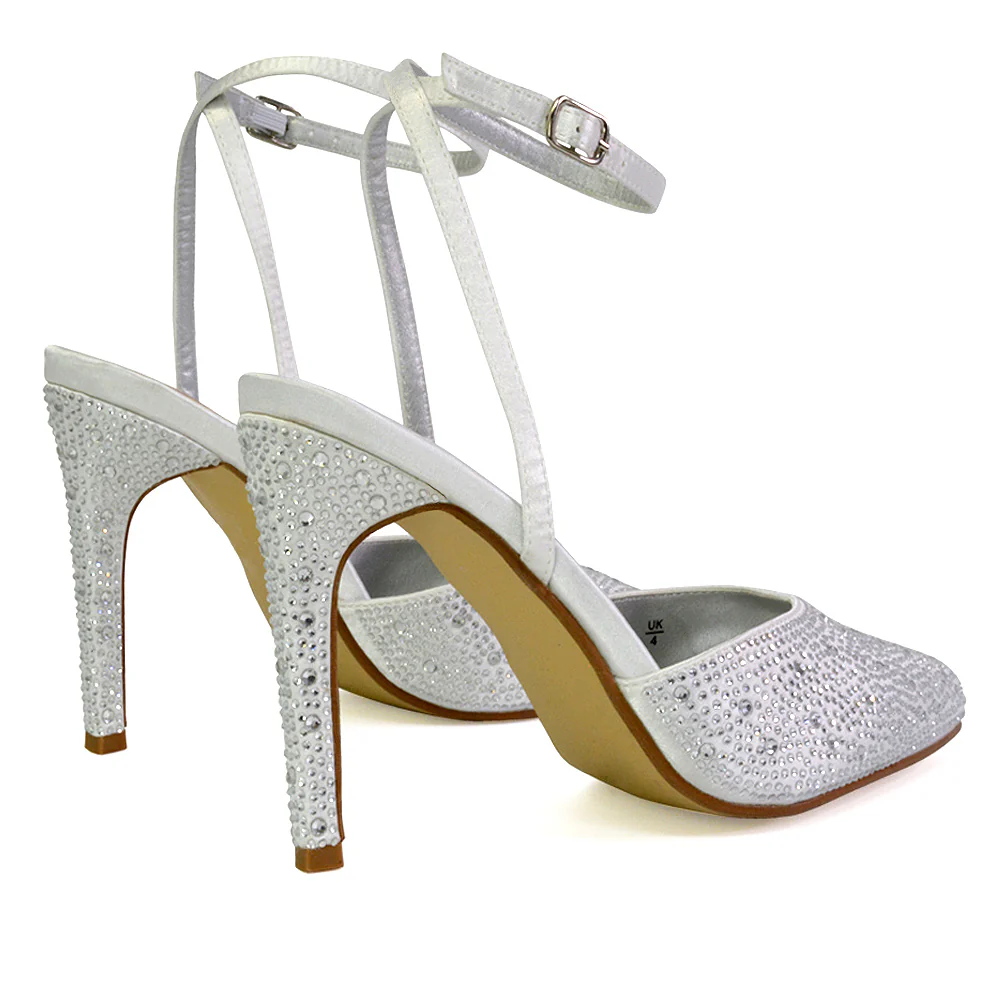 Indyah Diamante Court Shoes Stiletto High Heels Strappy Sandals in White - Image 50