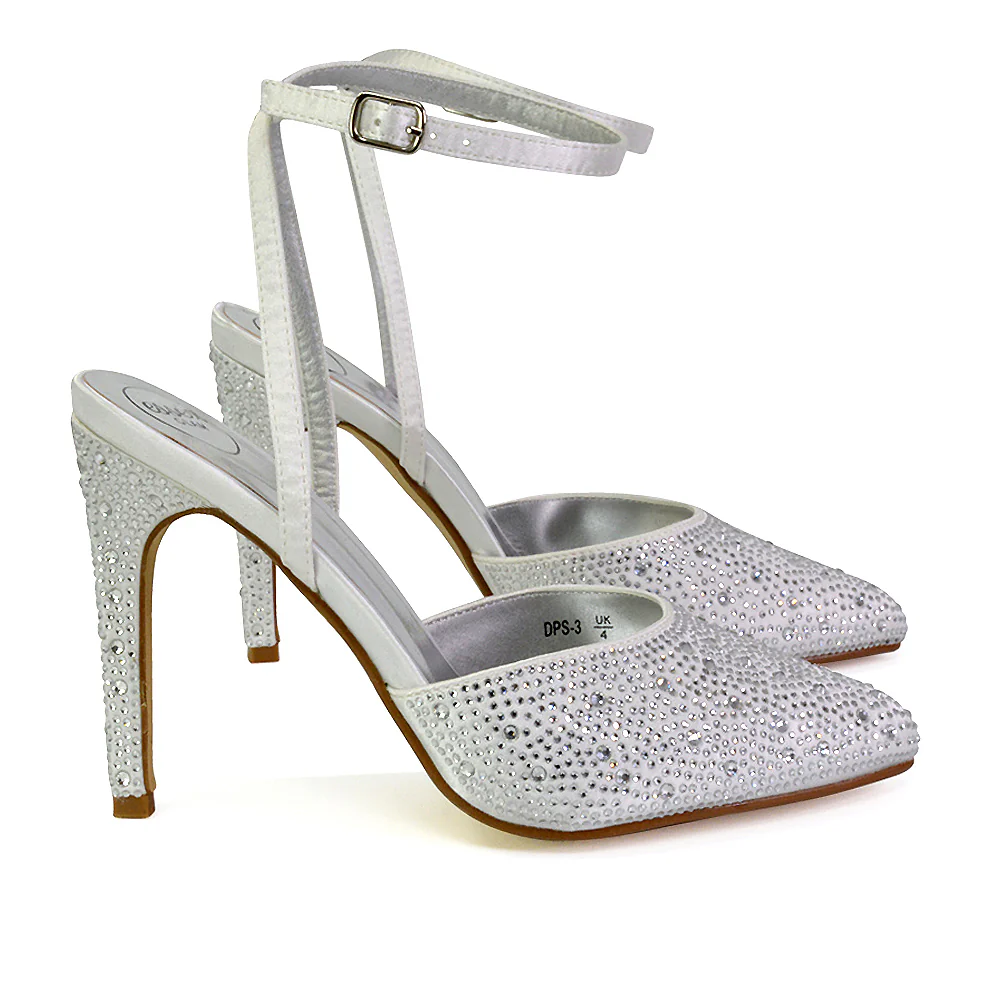 Indyah Diamante Court Shoes Stiletto High Heels Strappy Sandals in White - Image 64