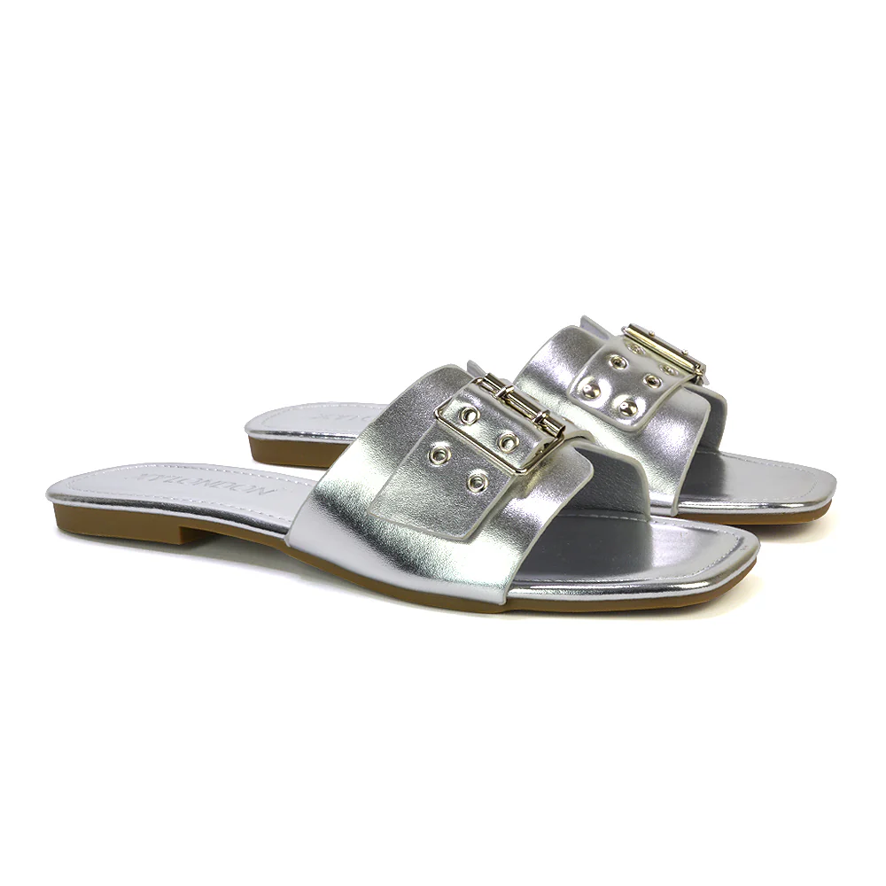 Inez Square Toe Slip On Strappy Flat Sandals With Buckle in Black - Image 19