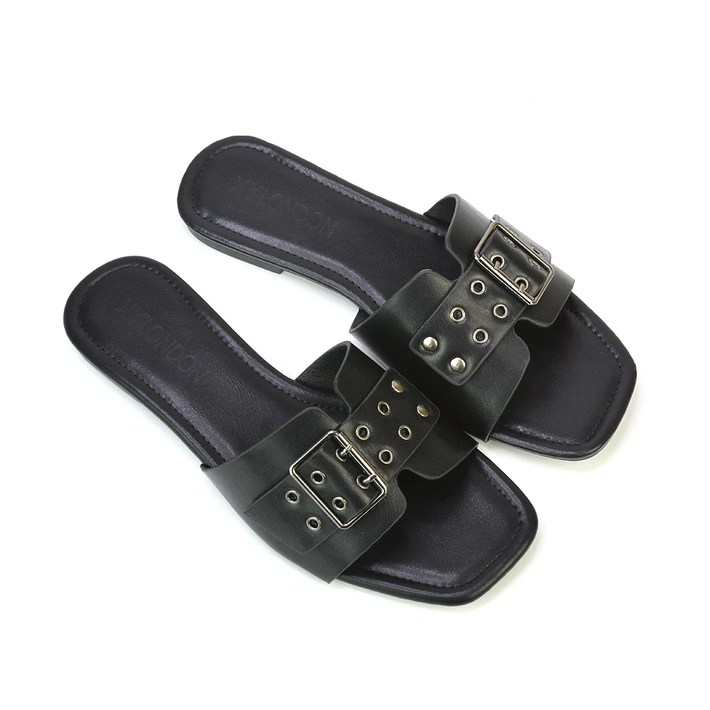 Inez Square Toe Strappy Slip On Flat Sandals Buckle Detail in Gold - Image 101
