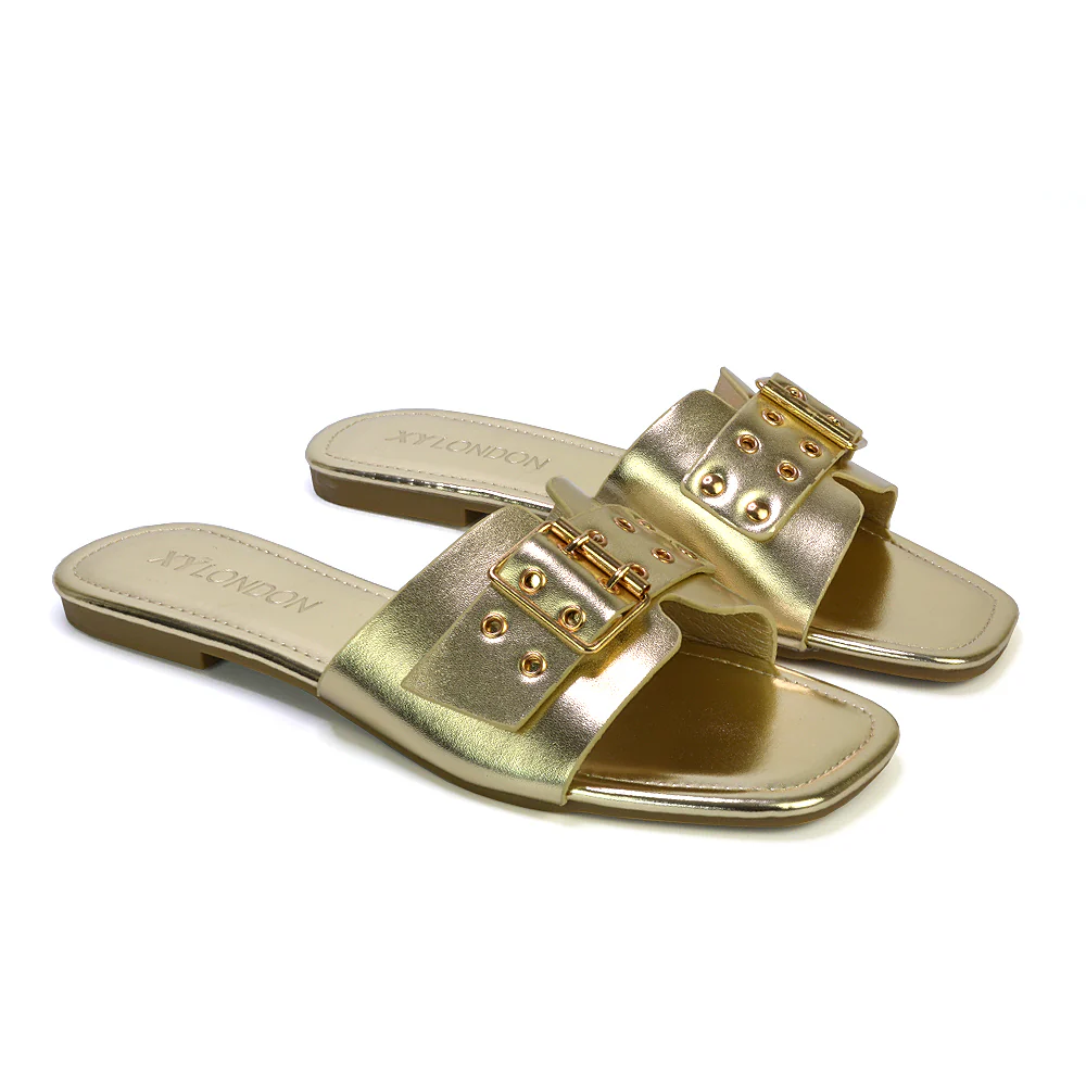 Inez Square Toe Strappy Slip On Flat Sandals Buckle Detail in Gold - Image 5
