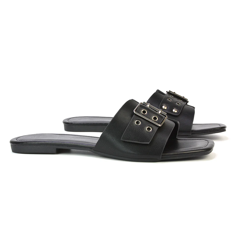 Inez Square Toe Slip On Strappy Flat Sandals With Buckle in Tan - Image 125