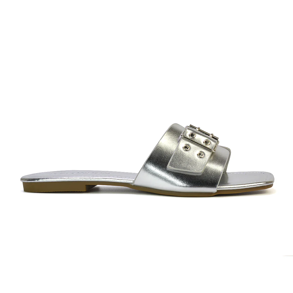 Inez Square Toe Slip On Strappy Flat Sandals With Buckle in Tan - Image 14