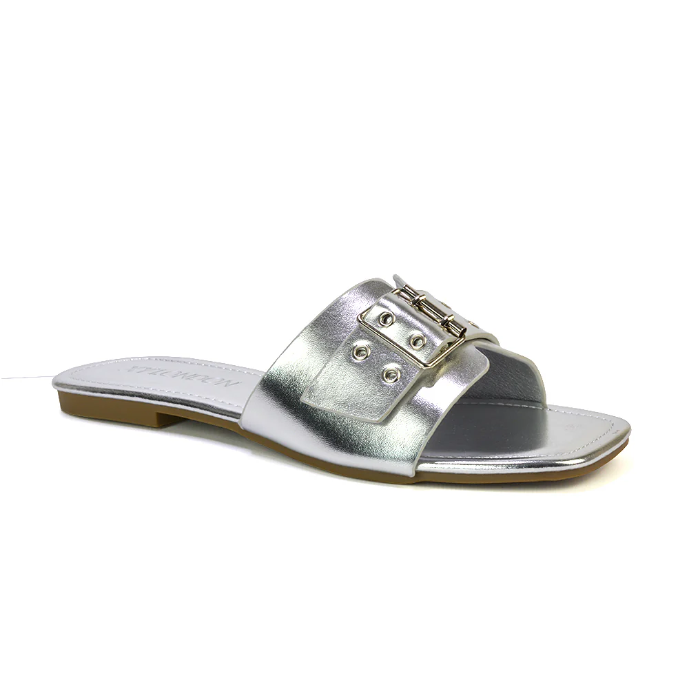 Inez Square Toe Slip On Strappy Flat Sandals With Buckle in Tan - Image 28