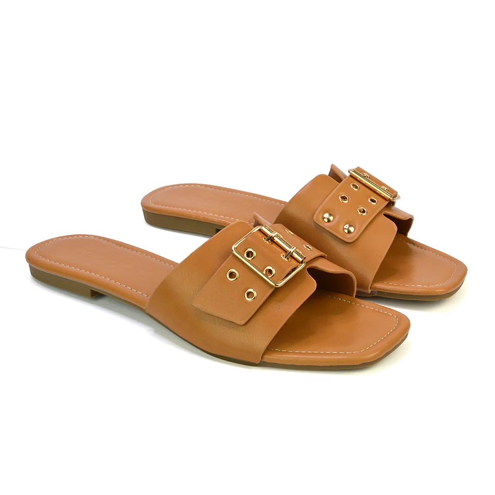 Inez Square Toe Slip On Strappy Flat Sandals With Buckle in Tan - Image 6