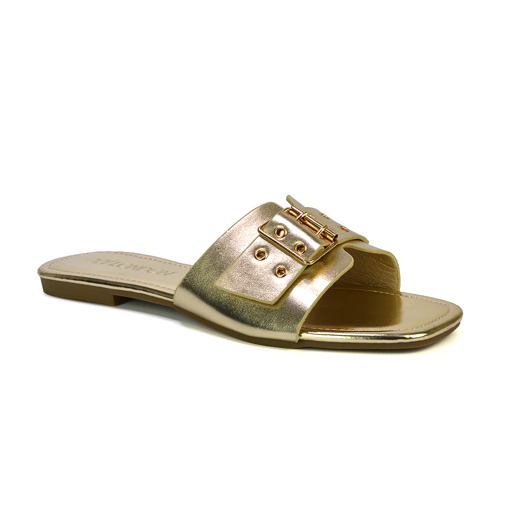 Inez Square Toe Slip On Strappy Flat Sandals With Buckle in Tan - Image 63