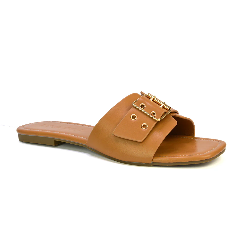 Inez Square Toe Slip On Strappy Flat Sandals With Buckle in Tan - Image 83