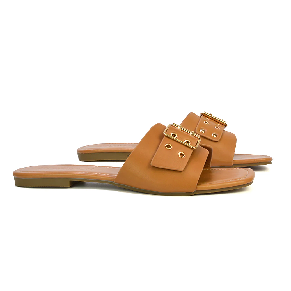 Inez Square Toe Slip On Strappy Flat Sandals With Buckle in Tan - Image 85