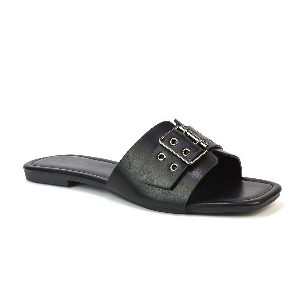 Inez Square Toe Strappy Slip On Flat Sandals Buckle Detail in Silver - Image 102