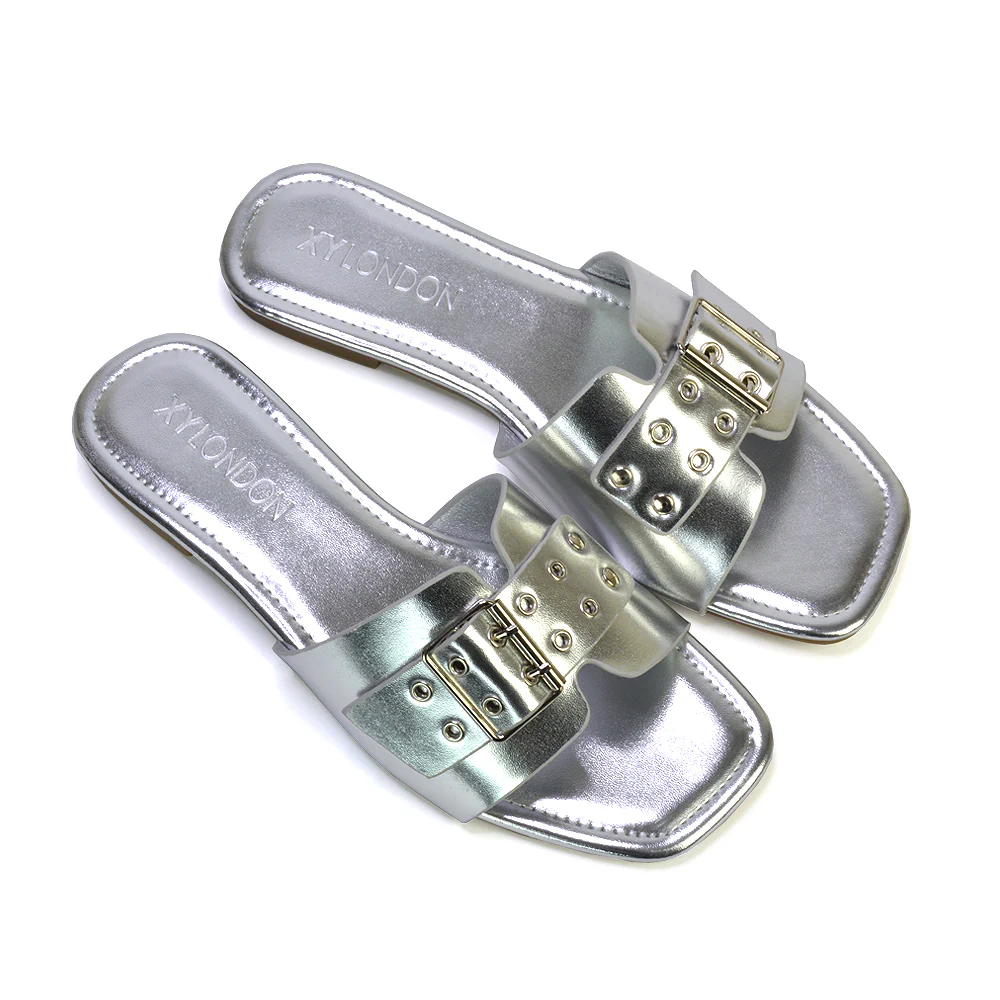 Inez Square Toe Strappy Slip On Flat Sandals Buckle Detail in Silver - Image 11