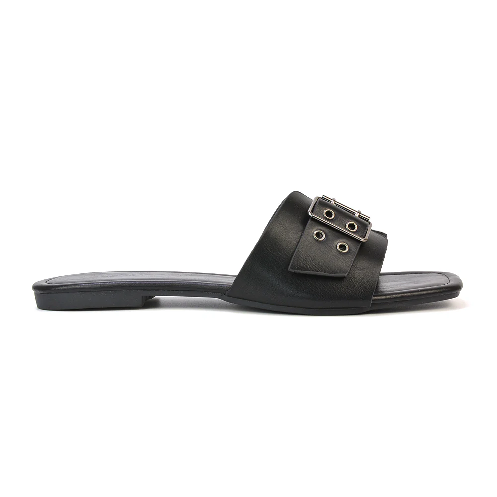 Inez Square Toe Strappy Slip On Flat Sandals Buckle Detail in Silver - Image 113