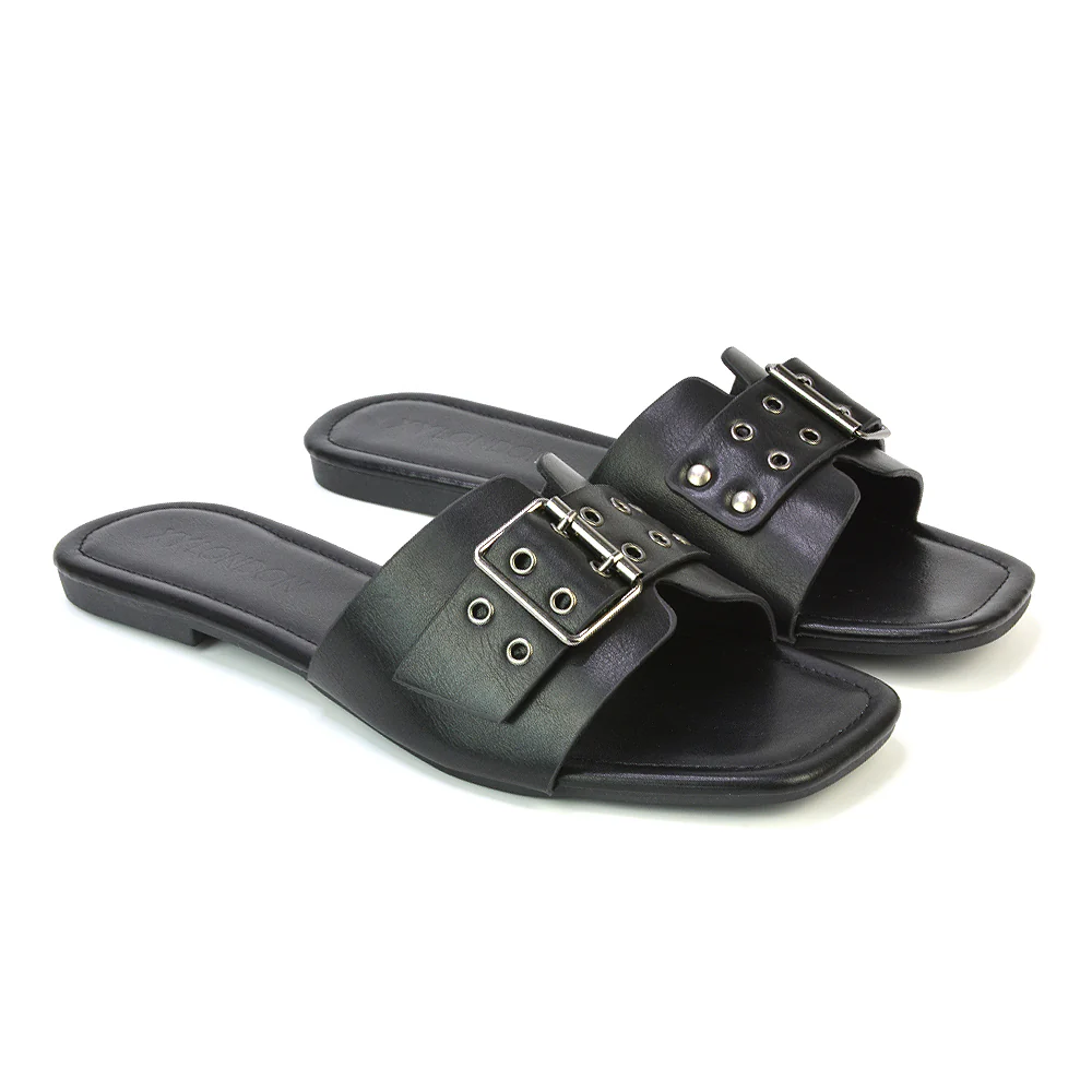 Inez Square Toe Strappy Slip On Flat Sandals Buckle Detail in Silver - Image 115