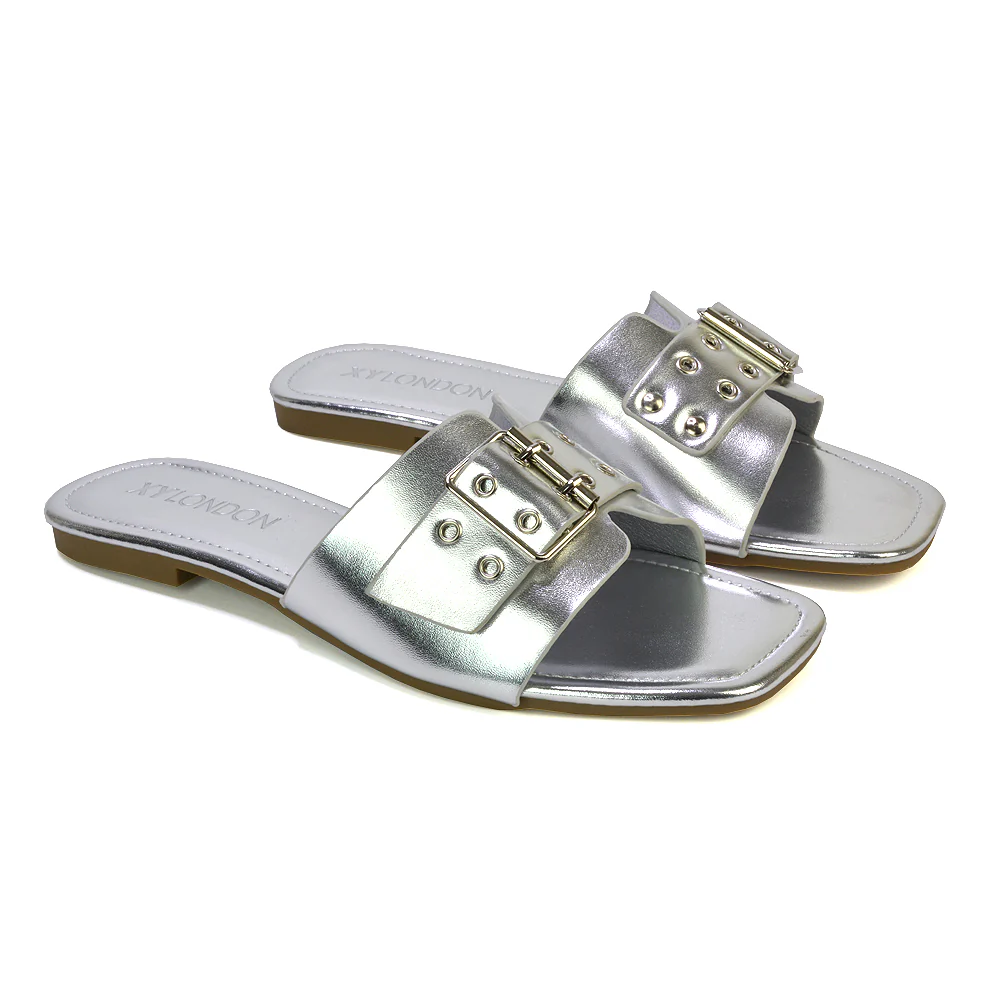Inez Square Toe Strappy Slip On Flat Sandals Buckle Detail in Silver - Image 15