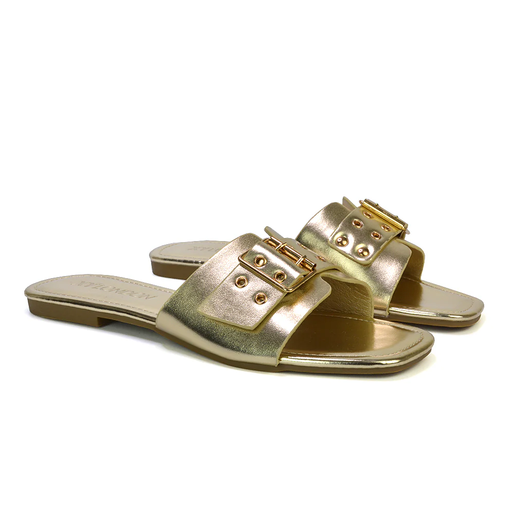 Inez Square Toe Strappy Slip On Flat Sandals Buckle Detail in Silver - Image 54