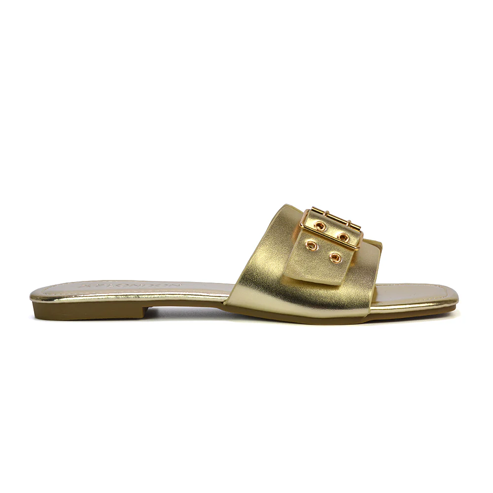 Inez Square Toe Strappy Slip On Flat Sandals Buckle Detail in Silver - Image 63