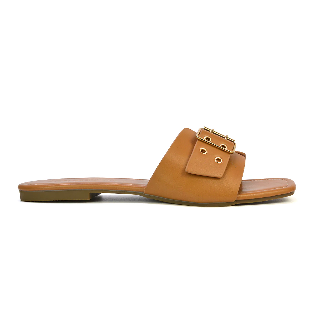 Inez Square Toe Strappy Slip On Flat Sandals Buckle Detail in Silver - Image 78