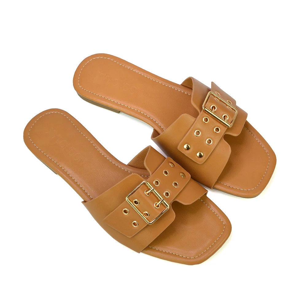 Inez Square Toe Strappy Slip On Flat Sandals Buckle Detail in Silver - Image 91