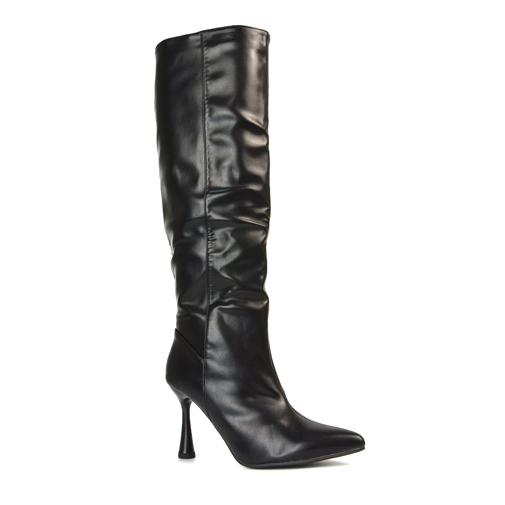 Isabel Stiletto High Heel Pointed Toe Knee High Boots in Black Synthetic Leather - Image 5