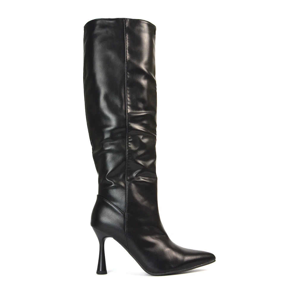 Isabel Stiletto High Heel Pointed Toe Knee High Boots in Black Synthetic Leather - Image 6