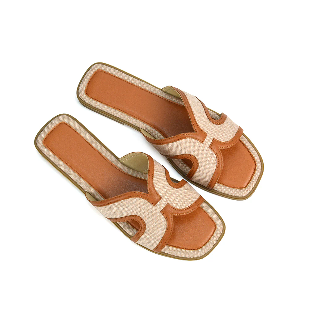 Isabella Slip On Cut Out Square Toe Flat Sandal Slides in Beige - Image 4