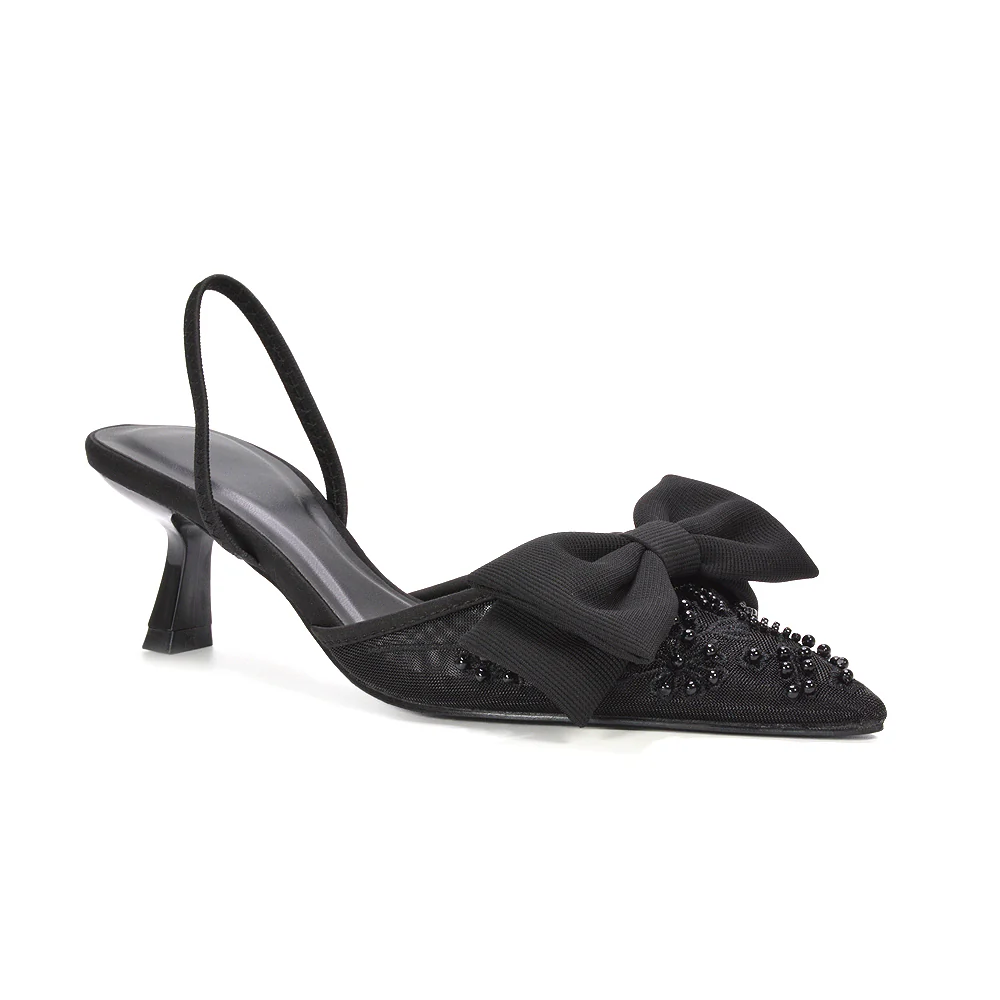 Isadora Slingback Bow Court Shoes Mesh Embroidered Party Heels in Ivory - Image 9