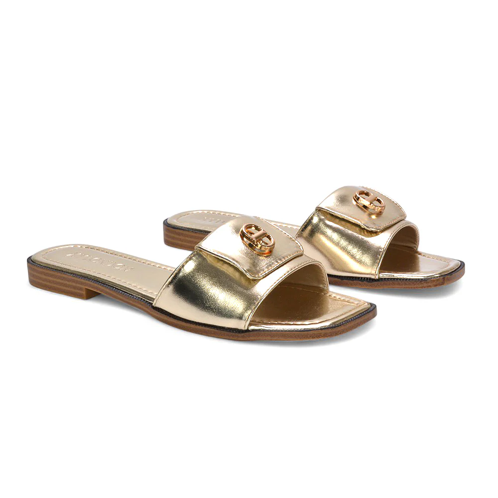 Isla Flat Square Toe Buckle Slider Sandals for Summer Holidays in Nude Synthetic Leather - Image 6