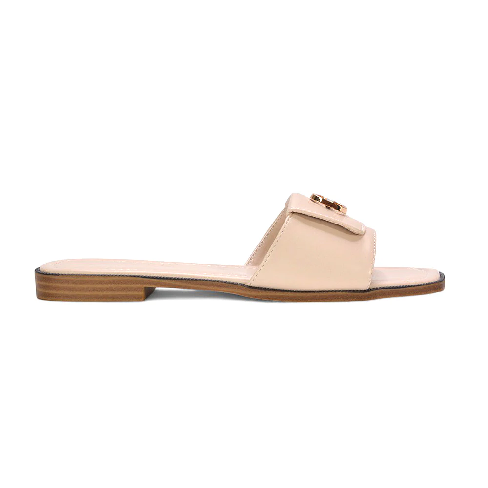 Isla Flat Square Toe Buckle Slider Sandals for Summer Holidays in Nude Synthetic Leather - Image 2