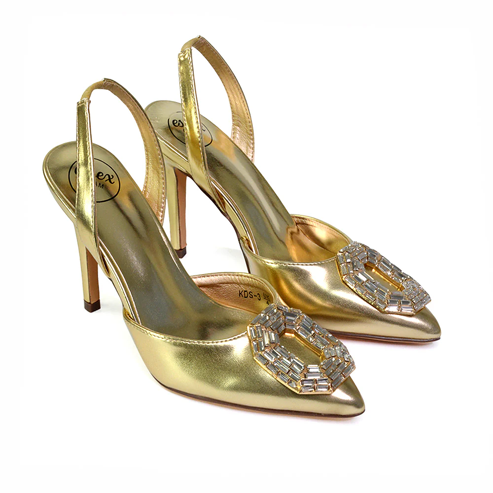 Issy Sling Back Strappy Pointed Toe Stiletto High Heel Court Shoes in Gold - Image 37