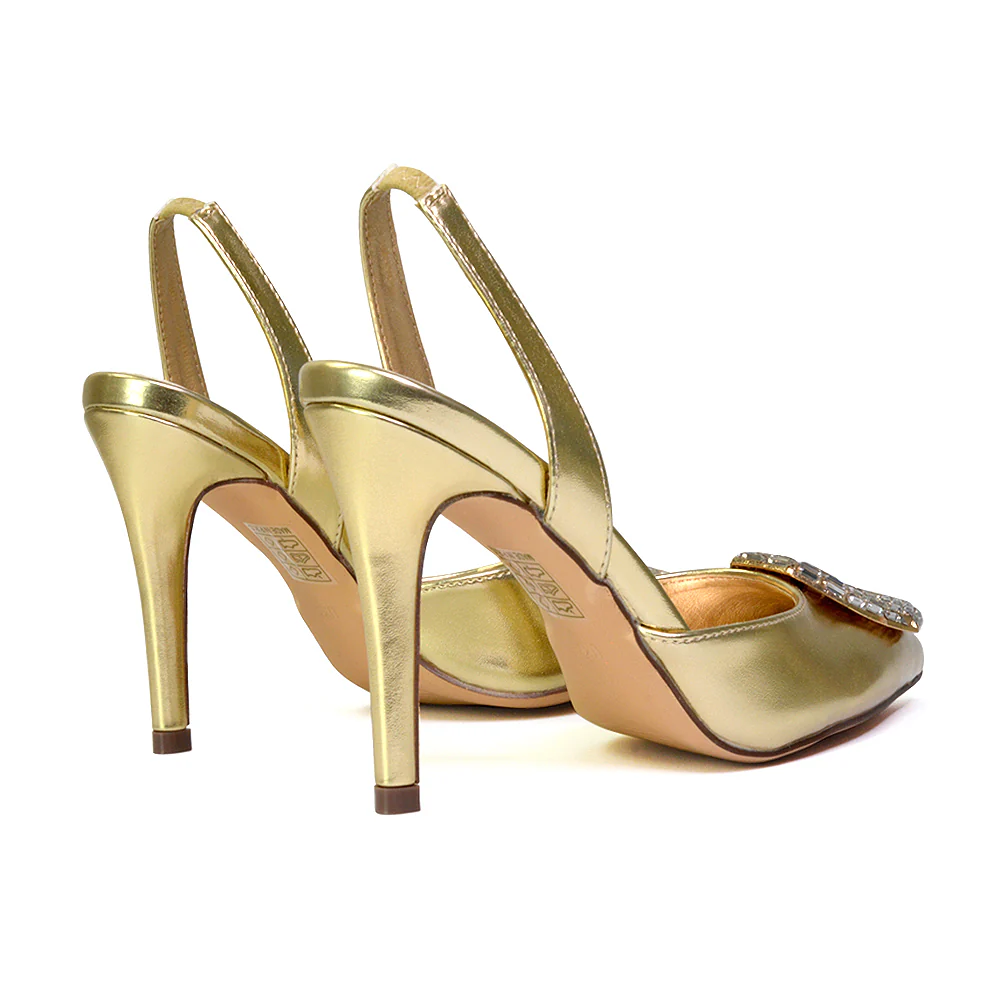 Issy Sling Back Strappy Pointed Toe Stiletto High Heel Court Shoes in Gold - Image 53