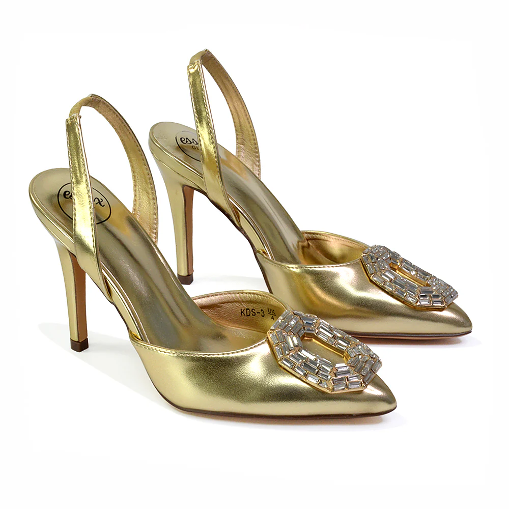 Issy Sling Back Strappy Pointed Toe Stiletto High Heel Court Shoes in Gold - Image 7