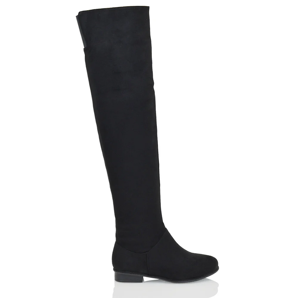 IVY FLAT LOW BLOCK HEEL THIGH HIGH OVER THE KNEE BOOTS IN BLACK FAUX SUEDE - Image 4