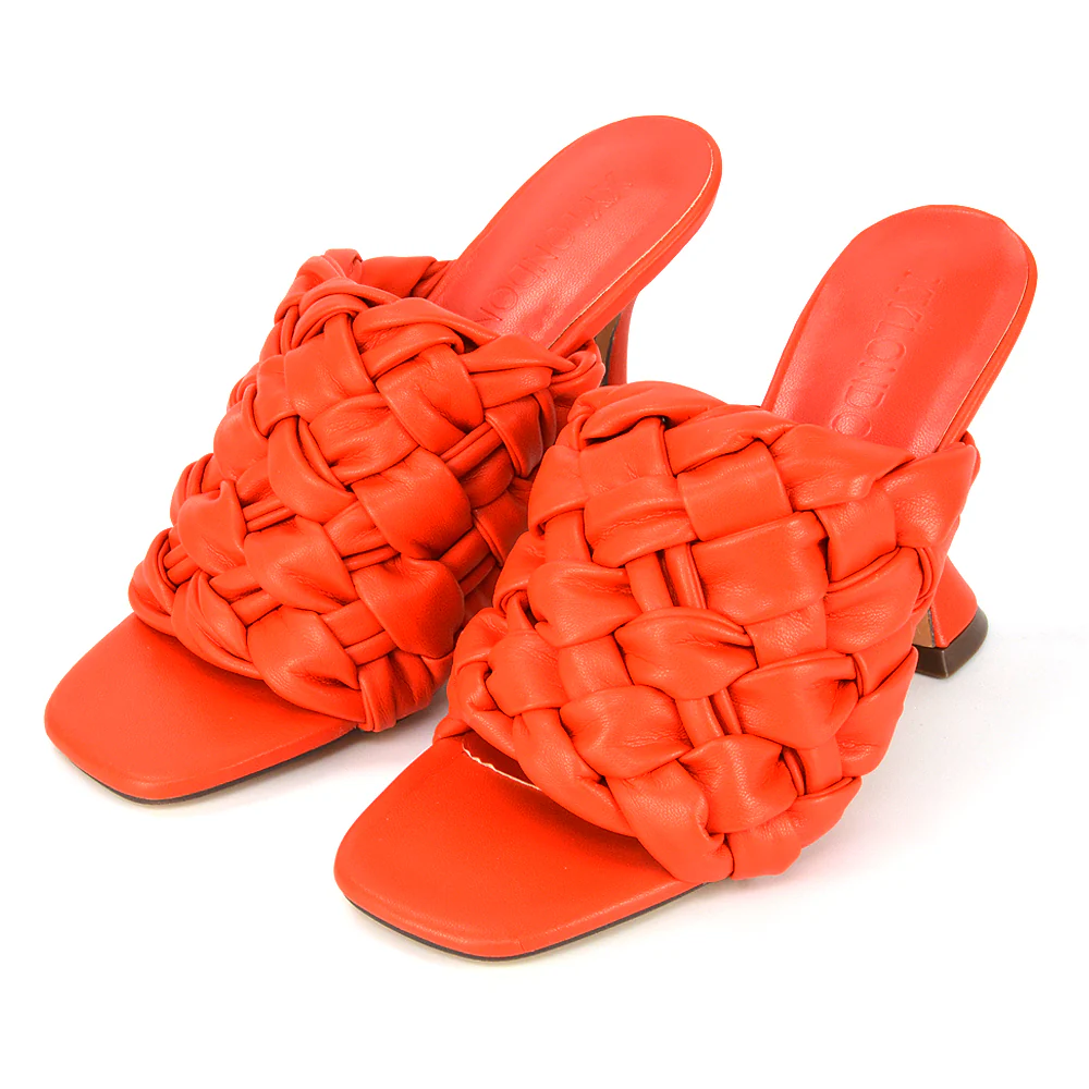 Jaci Woven Sandal Strap Square Toe Sculptured Flared Low mid High Heel Mules in Black Synthetic Leather - Image 143