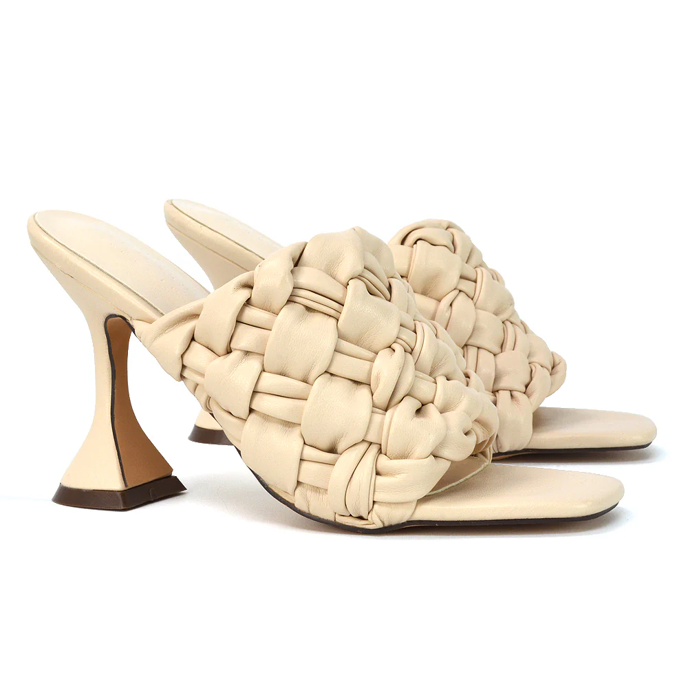 Jaci Woven Sandal Strap Square Toe Sculptured Flared Low mid High Heel Mules in Black Synthetic Leather - Image 169