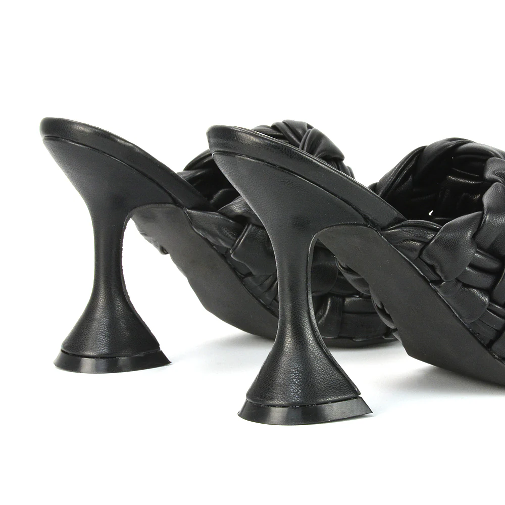 Jaci Woven Sandal Strap Square Toe Sculptured Flared Low mid High Heel Mules in Black Synthetic Leather - Image 37