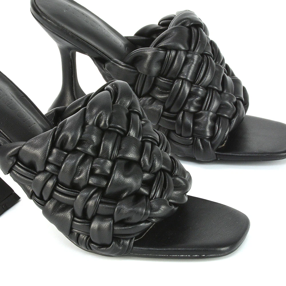 Jaci Woven Sandal Strap Square Toe Sculptured Flared Low mid High Heel Mules in Black Synthetic Leather - Image 39